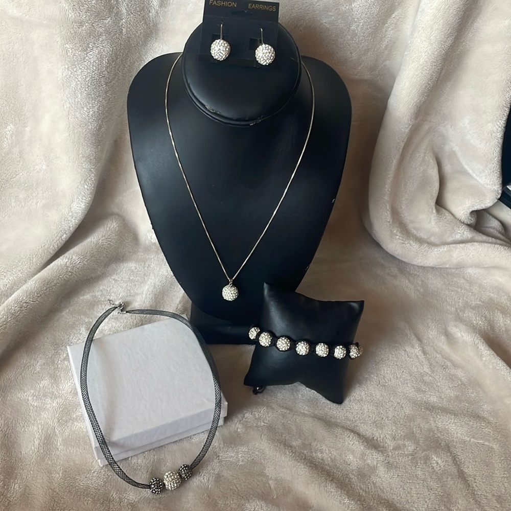 Sterling silver disco pave ball, pendant, necklace, earrings, bracelet. Black